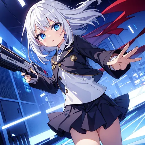 girl，white hair，Poker face，Firearms，whole body，Chill，fighting，short skirt，blood，blue eyes，loli