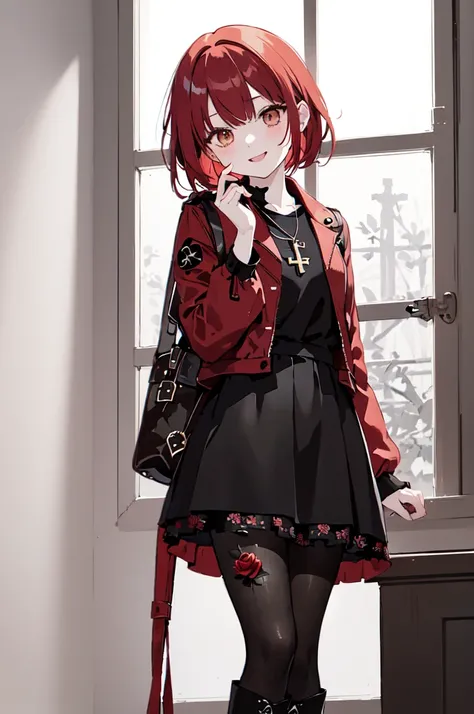 (masterpiece), (best quality), (ultra detailed),(disheveled hair),(illustration), (1woman), ((black attached skirt)(long red jacket with small red rose print)(pantyhose with black hearts)(black boots)), standing, Fashion model, looking at viewer, (intervie...