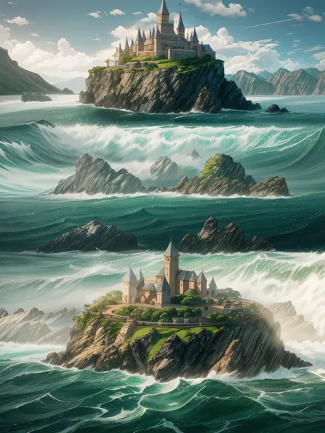 （（（masterpiece、Highest image quality、highest quality、highly detailed unity 8ｋwallpaper）））、（（An isolated island in the sea））、（A castle on a lonely island）、tower