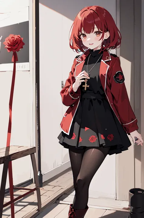 (masterpiece), (best quality), (ultra detailed),(disheveled hair),(illustration), (1woman), ((black attached skirt)(long red jacket with small red rose print)(pantyhose with black hearts)(black boots)), standing, Fashion model, looking at viewer, (intervie...