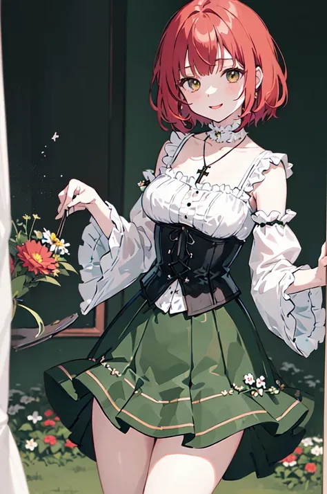 (masterpiece), (best quality), (ultra detailed),(disheveled hair),(illustration), (1woman), ((green attached skirt)(black corset with flowers)(pantyhose with black hearts)(white blouse with wide sleeves)), standing, Fashion model, looking at viewer, (inter...