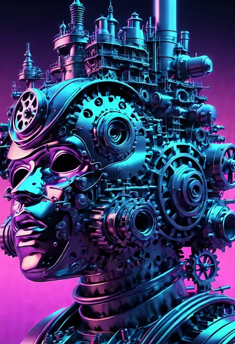 (vaporwave aesthetic:1.8)，艺术品中的美丽vaporwave aesthetics，许多air vehicle和mechanobiology，shiny steam gears and mysterious elements,stu...