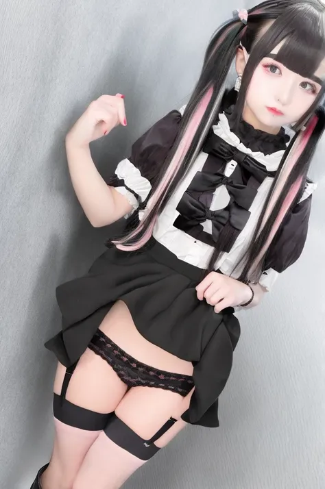 skirt, solo, twintails,  bangs, jewelry, pleated skirt, piercing, ear piercing, cross, black eyes, short sleeves, earrings、Menhera、Pull up the skirt with both hands、Skirt Lift Up、twin tails、白いpanties、panties見せる、beautiful eyes、panties見せてください、underwear、Well-...