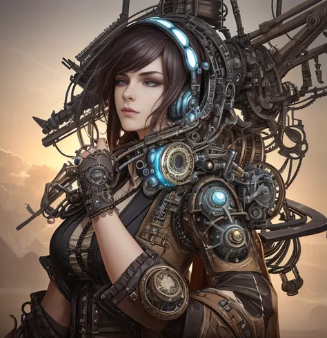 Theres a woman with intricate gears and steam pipes attached to her head, casting an alluring aura of cyber steampunk mystique. This portrait of a mechanical woman, captured in 4K realista art by Wojtek FUS, boasts ultra-high resolution and impeccably deta...