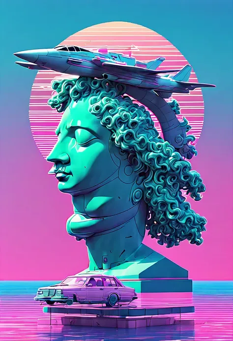 (Vaporwave Aesthetic:1.8)，Beautiful vaporwave aesthetics in artwork，Many aircraft and mechanical creatures