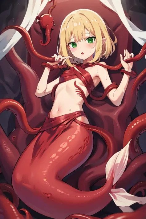 Inside the red dark cave、mermaid、naked、Short blonde hair、green eyes、My wrists are tied up by red tentacles.、My hand is pulled by red tentacles、Red tentacles wrap around your legs.、A red tentacle wraps around my crotch.、Red tentacles wrap around the body、I ...