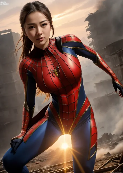 Beautiful half-Japanese-Ukrainian girl in a detailed brown Spider-Man costume., big breasts, Superhero moves, Standing in the ruined city at sunset, very detailed, smoke, Sparks, sunlight, (8ก), realistic, symmetrical, won, movie lightning, juicy, film, 75...