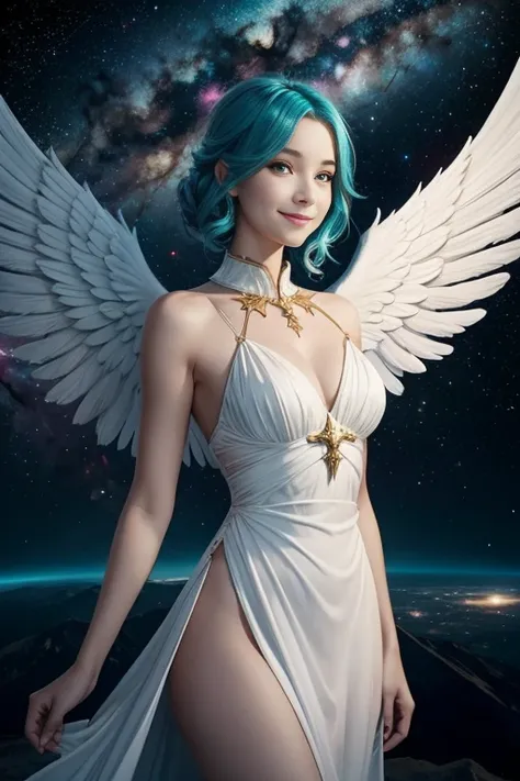 a woman, teal hair, red eyes, smile, angel wings, golden halo, white dress, standing upright, in outer space, Milky Way in the background, stars in the distance, upper body