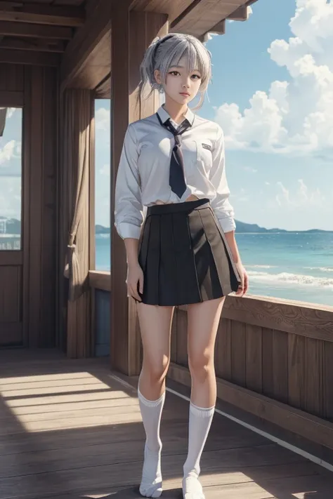 ((masterpiece)), ((best quality)), ((highres)), ((extremely detailed CG unity 8k wallpaper)), solo, tachibana kanade, tan school uniform, black skirt, white socks, outdoors, face, curtained hair, beach, parted hair, silver hair