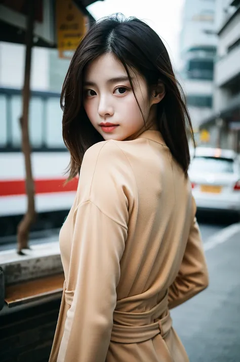 Cinematic Photo of a beautiful korean fashion model bokeh train