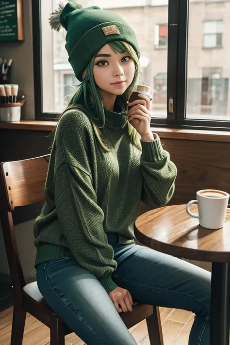 1girl, solo, Coffee shop, green hair, beanie, sweater, jeans, sitting on chair, dynamic pose, indoors, 