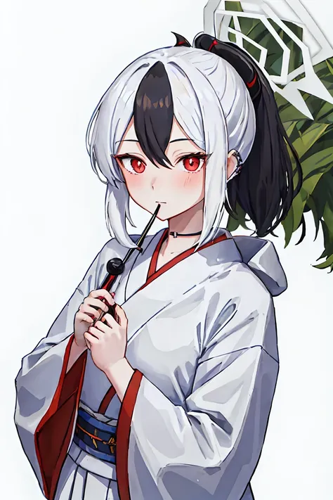 best quality, masterpiece, high resolution, alone, {white kimono:1.35}, {Red hakama:1.35}, {wide sleeves:1.20}, {kayoko_bluearchive:1.15}, Black_hair, multicoloRed_hair, white_hair, trumpet, two-color_hair, Red_Eye, Bangs, halo, punching, hair_between_Eye,...