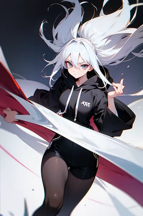 anime style woman with big white hair wearing black cloth eye bands with beautiful body wearing pantyhose shorts and a hoodie