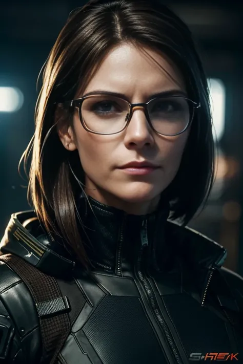 (cyberpunk military scientist:1) (1woman) dark theme :: focus on closeup face, curious face, Katee Sackhoff face, ultra realistic futuristic cyberpunk tall athletic woman, :: medium brown hair, futuristic glasses nerd :: inside cyberpunk office :: brown ey...