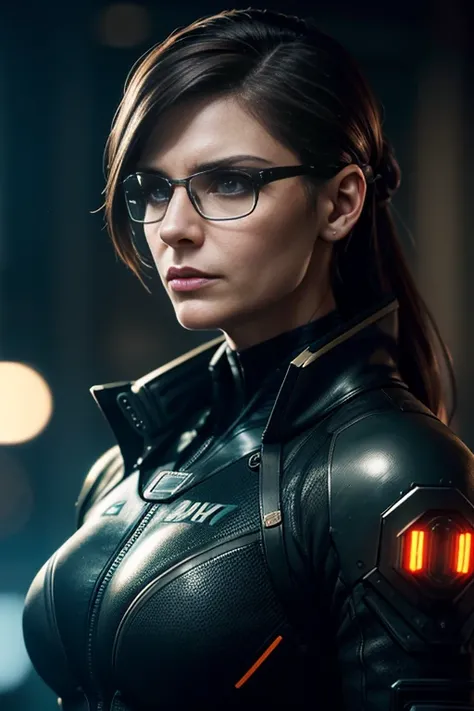 (cyberpunk military scientist:1) (1woman) dark theme :: focus on closeup face, curious face, Katee Sackhoff face, ultra realistic futuristic cyberpunk tall athletic woman, :: medium brown hair, futuristic glasses nerd :: inside cyberpunk office :: brown ey...