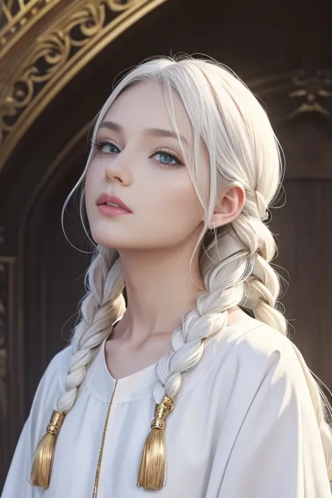 best quality, masterpiece,white hair, gold eyes,white clothes, looking up, upper body,hair strand,Fair skin,side braids