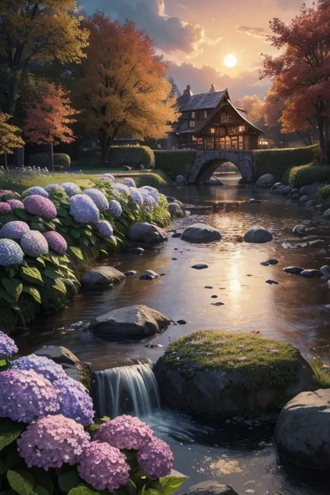 masterpiece, best quality, high quality, extremely detailed CG 8k wallpaper unit, scenery, outdoor, establishment, medieval tavern, autumn sky, autumn dusk, autumn-winter, overcast sky, big moon shining, award-winning photography, Depth of Field, HDR, flow...