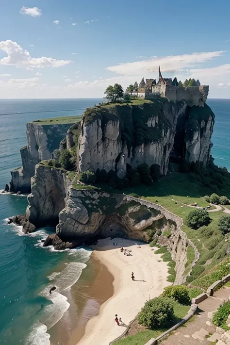 arafed view of a rocky cliff with a body of water, sheer cliffs surround the scene, detailed trees coming from the cliffs, big dracula inspired castle, a ropeway to the castle, ropeway to the cliffside, cliffside, realistic fantasy render, detailed scenery...