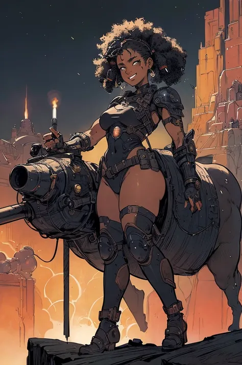 masterpiece:1.2, highest quality, disorganized, explosives, background, action shot, gritty, futuristic , Science fiction, central portrait, in style of kentaro miura, (1 female), , young girl, black, afro pig tail, smile, wearing gear, comics, Complex, su...