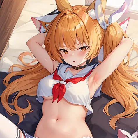 (masterpiece, best quality:1.2),illustration,8k,HD,1 girl,alone,animal_ears,Cat_ears,bow,long_hair,hair_bow,white_hair,Bangs,Moderate_breast,Black_bow,ribbon,direction,Double tail,animal_ear_fluff,Red_Eye,hair bow,navel,white thighhighs,sleeveless tops,sai...