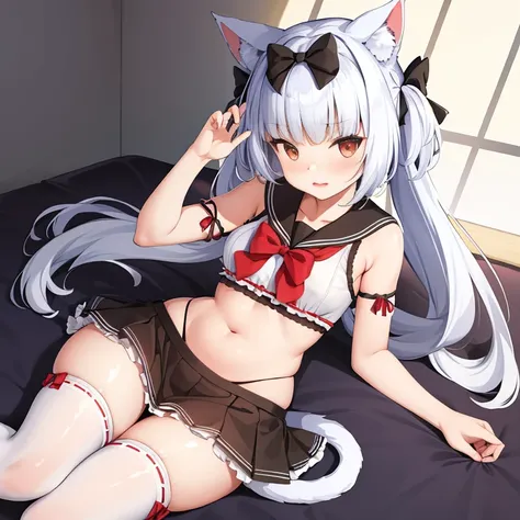 (masterpiece, best quality:1.2),illustration,8k,HD,1 girl,alone,animal_ears,Cat_ears,bow,long_hair,hair_bow,white_hair,Bangs,Moderate_breast,Black_bow,ribbon,direction,Double tail,animal_ear_fluff,Red_Eye,hair bow,navel,white thighhighs,sleeveless tops,sai...