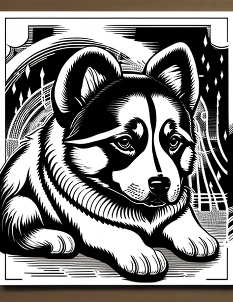 an Akita dog
, Fantasia, magical, mystic, incomum, Preto e branco, linhas onduladas, desenho de arte de linha realista, book coloring page, sem barulho, sharp thick lines, Arte de contorno, imagem centralizada, isolado em um fundo branco  