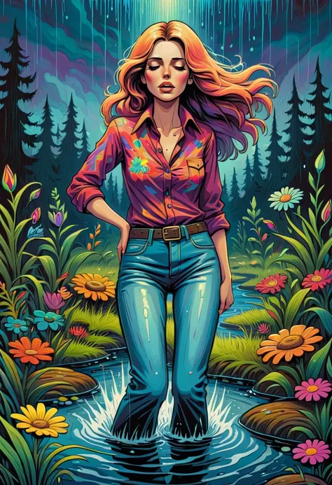 (cartoon,masterpiece:1.2), 70s setting, woman, wearing soaking wet muddy jeans, experiences sexual tension, drowning in bog, colorful psychedelic patterns, retro atmosphere, dark ambiance, sexual ecstasy, oil painting, detailed flowing water, vibrant plant...