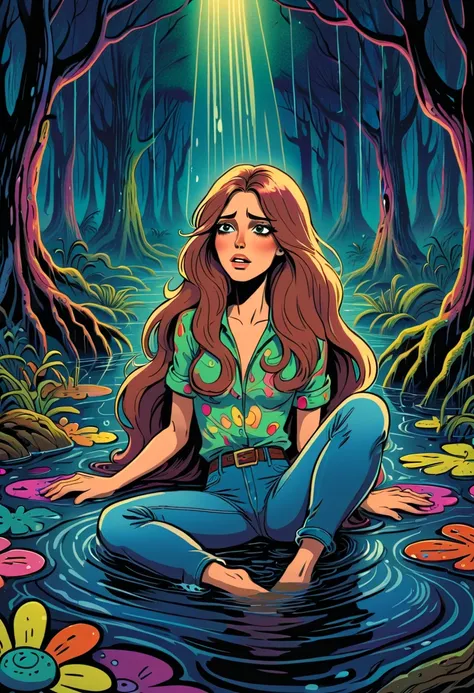 (cartoon,masterpiece:1.2), 70s setting, woman with long flowing hair, wearing soaking wet and muddy jeans, experiencing sexual tension, drowning in a bog, surrounded by colorful psychedelic patterns. The atmosphere is retro with a dark ambiance, creating a...