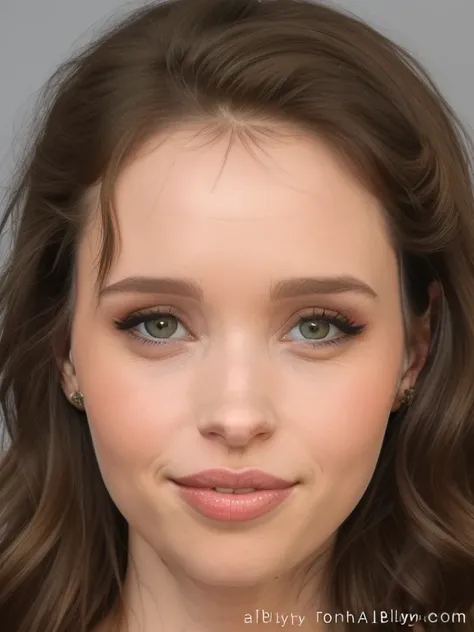 arafed woman with long brown hair and blue eyes posing for a picture, photorealistic beautiful face, realistic beautiful face, digital art. photo realistic, hyper realistic faces, hyper realistic face, photorealistic faces, (((portrait of Felicity Jones)))...