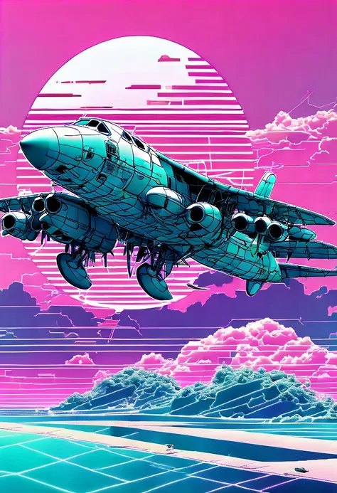 (vaporwave aesthetic:1.8)，beautiful vaporwave aesthetics in artwork，many aircraft and mechanical creatures