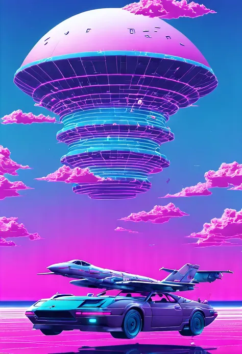 (vaporwave aesthetic:1.8)，beautiful vaporwave aesthetics in artwork，many aircraft and mechanical creatures