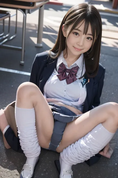 Representative works, highest quality,(10 year old cute Japanese woman:1.5),(Detailed young face:1.9),(very shy look:1.3),(thin legs:1.9),(Relax in the downtown area:1.8),(high school girl uniform:1.8),(droopy eyes:1.9),(big breasts:1.9),(smooth straight h...