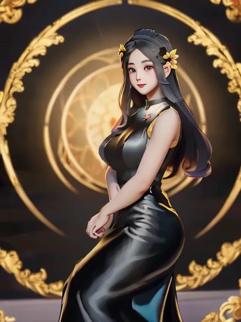 masterpiece, best quality, girl, solo, ((mature female)),, long hair, hair, princess, black dress(dress) (golden dress) fantasy, happy, looking at viewer, cartoon, anime, (oil painting)Burmese girl, 18 years old, Bagan pagoda view background, clear Hd 8k