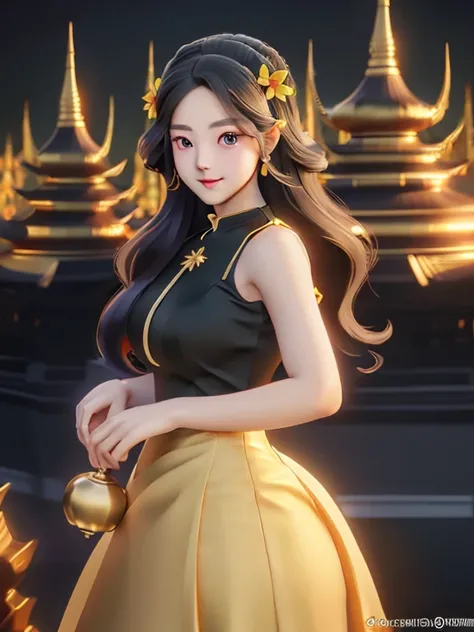 masterpiece, best quality, girl, solo, ((mature female)),, long hair, hair, princess, black dress(dress) (golden dress) fantasy, happy, looking at viewer, cartoon, anime, (oil painting)Burmese girl, 18 years old, Bagan pagoda view background, clear Hd 8k