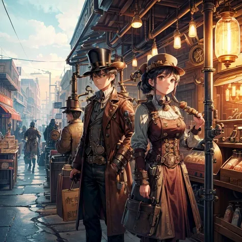 steampunk、　Industrial Revolution、hazy air、underground shopping street、Junk shop、person in retro clothes々、　There are many steam pipes throughout the town.、(Retro gas lamps with different shapes:1.1)、　(Steam spewing out from pipes:1.2)、　Armed girl、(lots of p...