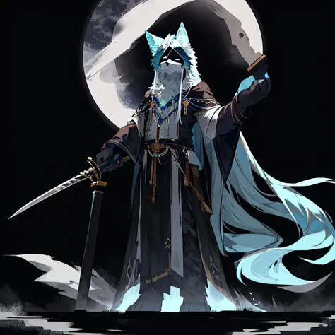 light blue and white wolf，hairy，long hair，A black cloth covered the eyes，Armed with a three-foot long sword，There is a crescent moon behind，standing on water