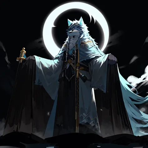 light blue and white wolf，hairy，long hair，A black cloth covered the eyes，Armed with a three-foot long sword，There is a crescent moon behind，standing on water