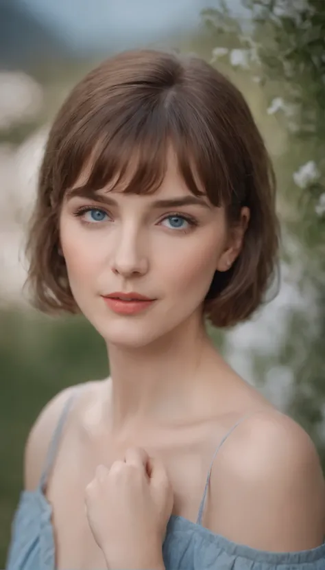 a young caucasian woman, short hair & bangs, blue eyes, 80s retro picture aesthetic, looks like she is confidently posing for the camera, keep the same aspect ratio, The colors are masterfully captured by Nikon D850 and a Nikon AF-S NIKKOR 70-200mm f/2.8E ...