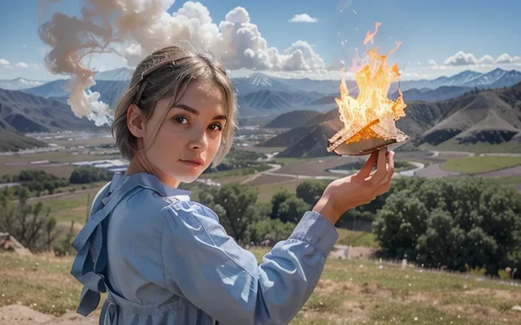 Beautiful soft white girl with short gray ashy hair big brown eyes and a blue puffy dress is sideways and holding a floating fire. The fire flame has a face and a surprised expression. The girl looks at the flame with nostalgia. In the background theres a ...