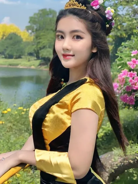 masterpiece, best quality, girl, solo, ((mature female)),, long hair, hair, princess, black dress(dress) (golden dress) fantasy, happy, looking at viewer, cartoon, anime, (oil painting)Burmese girl, 18 years old, Bagan pagoda view background, clear Hd 8k