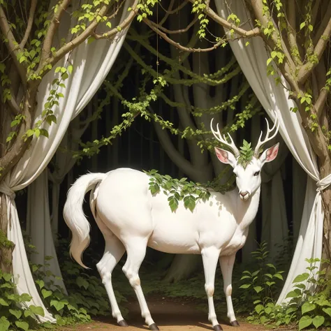 a white buck with small horns adorned with large leaves and vines in a enchanted forest background