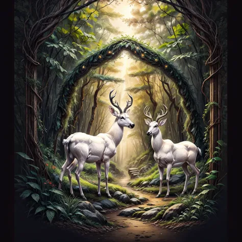 a white buck with small horns adorned with large leaves and vines in a enchanted forest background