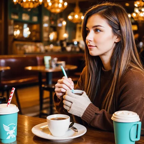 Beautiful Russian woman、Drinking coffee in a café、crowded russian cafe