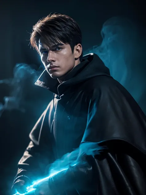 ultra HD 8k best quality,ultra-detailed,realistic:1.37,portrait,dark fantasy,anime,solo leveling,heroic character, one boy,Brown eyes, Brown hair, overcoat with hood, sharp focus,magical powers,mysterious aura,dynamic pose,threatening expression,glowing ey...