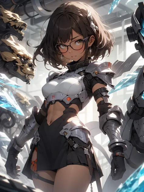 make it realistic，（masterpiece，highest quality，highest quality、very detailed，s fractal art，most detailed，（the background is abstract：1.5）（1 girl），Kamimei，glasses，brown hair，（Browns shortcuts），（brown eyes），big breasts，abs，Mysterious，(enchantment)，crystalliz...