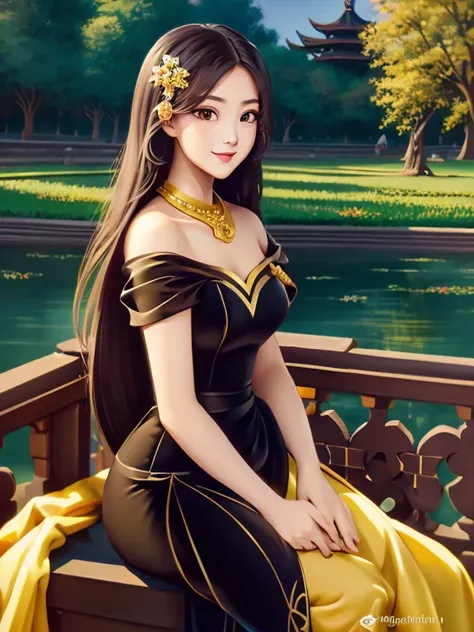 masterpiece, best quality, girl, solo, ((mature female)),, long hair, hair, princess, black dress(dress) (golden dress) fantasy, happy, looking at viewer, cartoon, anime, (oil painting)Burmese girl, 18 years old, Bagan pagoda view background, clear Hd 8k