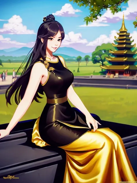 masterpiece, best quality, girl, solo, ((mature female)),, long hair, hair, princess, black dress(dress) (golden dress) fantasy, happy, looking at viewer, cartoon, anime, (oil painting)Burmese girl, 18 years old, Bagan pagoda view background, clear Hd 8k