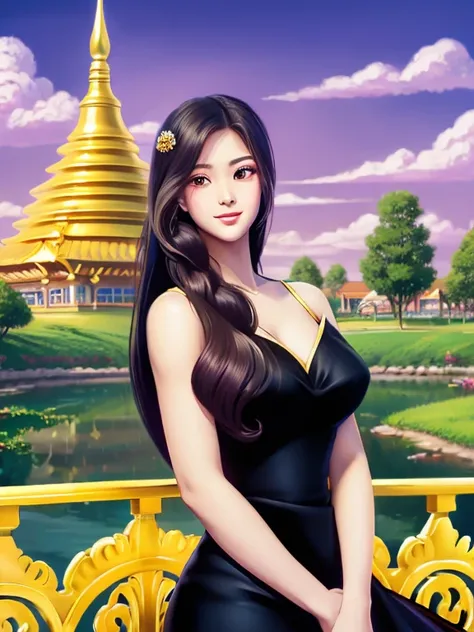 masterpiece, best quality, girl, solo, ((mature female)),, long hair, hair, princess, black dress(dress) (golden dress) fantasy, happy, looking at viewer, cartoon, anime, (oil painting)Burmese girl, 18 years old, Bagan pagoda view background, clear Hd 8k