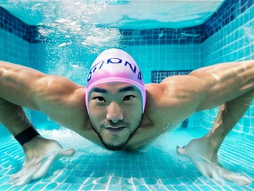 Full body image of a Japanese man、male student、Men&#39;s swimming club member、Male life saving club member、Men&#39;s water polo club members、Shaved Head Man、Dark-skinned man、muscular man、man sinking in the bathtub、man sinking at the bottom of the pool、man ...