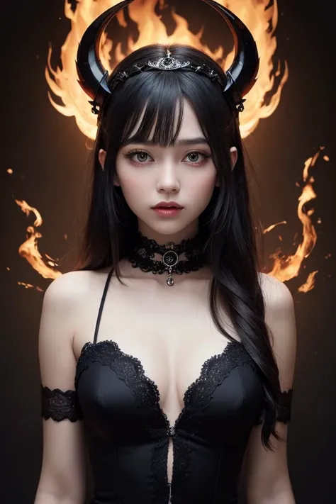 1girl, red fire eyes, red and black dress, blackhair,  has a collar with a name alice, has a black crown, fire background, prom theme, dark background, pretty face